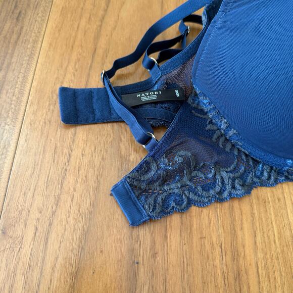 Natori Bra 32DD Feathers Plunge T Shirt Navy Gray Underwire Lace 730023 - Picture 8 of 13